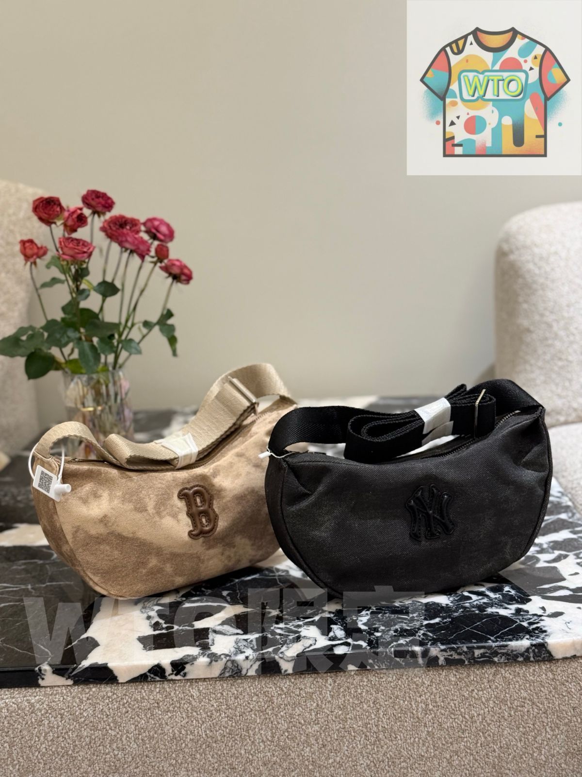 今日 MLB Canvas Pea - Shaped Crescent Bag 26cm - MLB キャンバス エンドウ豆型クレセントバッグ 26cm 飛行機箱型パッケージ付き