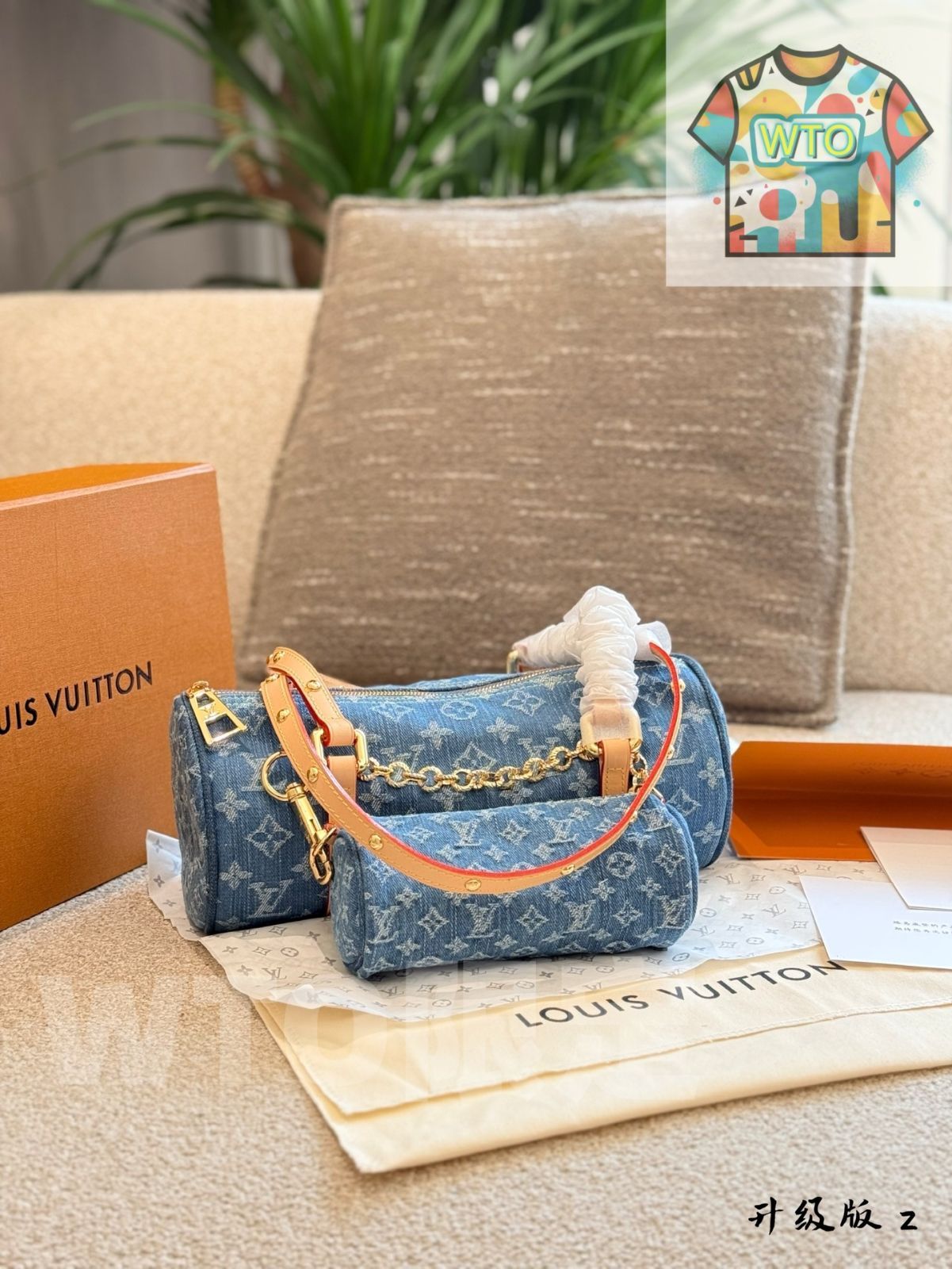 今日 LV 24 SS Denim Monogram Papillon 子母バッグ シングルショルダー