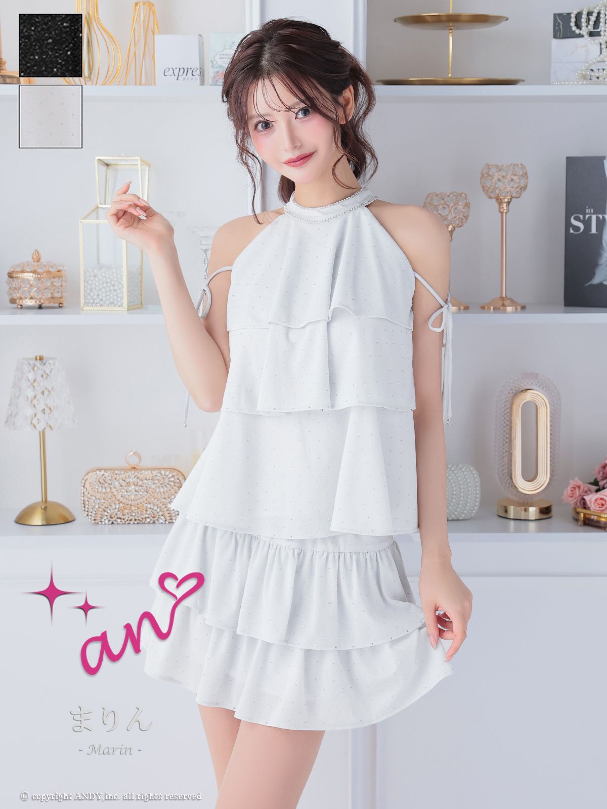 ホワイト OF05 AOC4008-W-2511 an アン ストレッチ フ セットアップ ラメ ホルターネック リボン ミニドレス キャバドレス