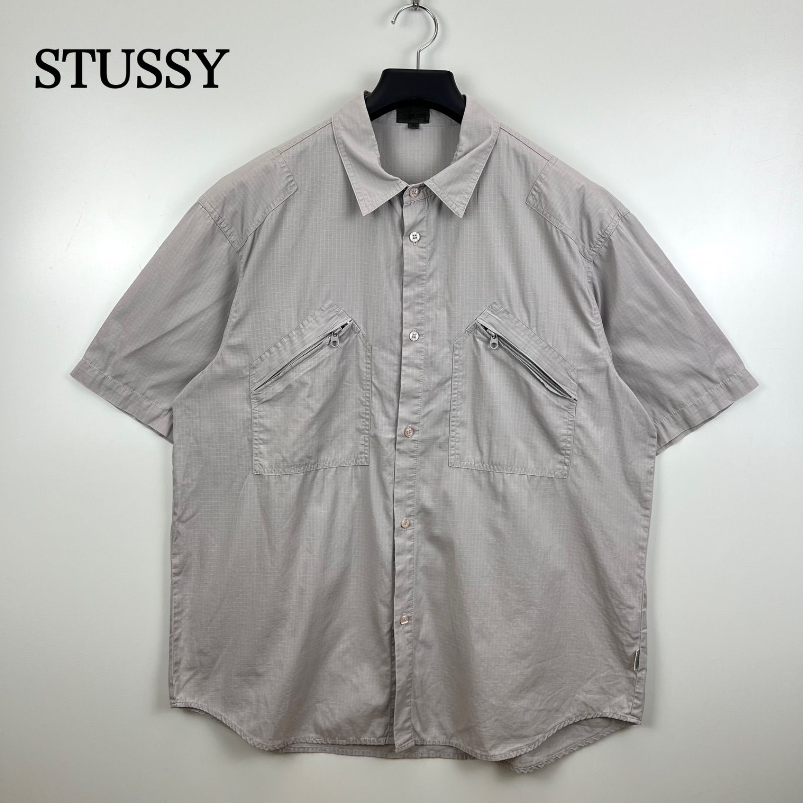 STUSSY 90s USA zip pockets S S shirts XL ステューシー ジップポケット 半袖ワークシャツ リップストップ ストリート