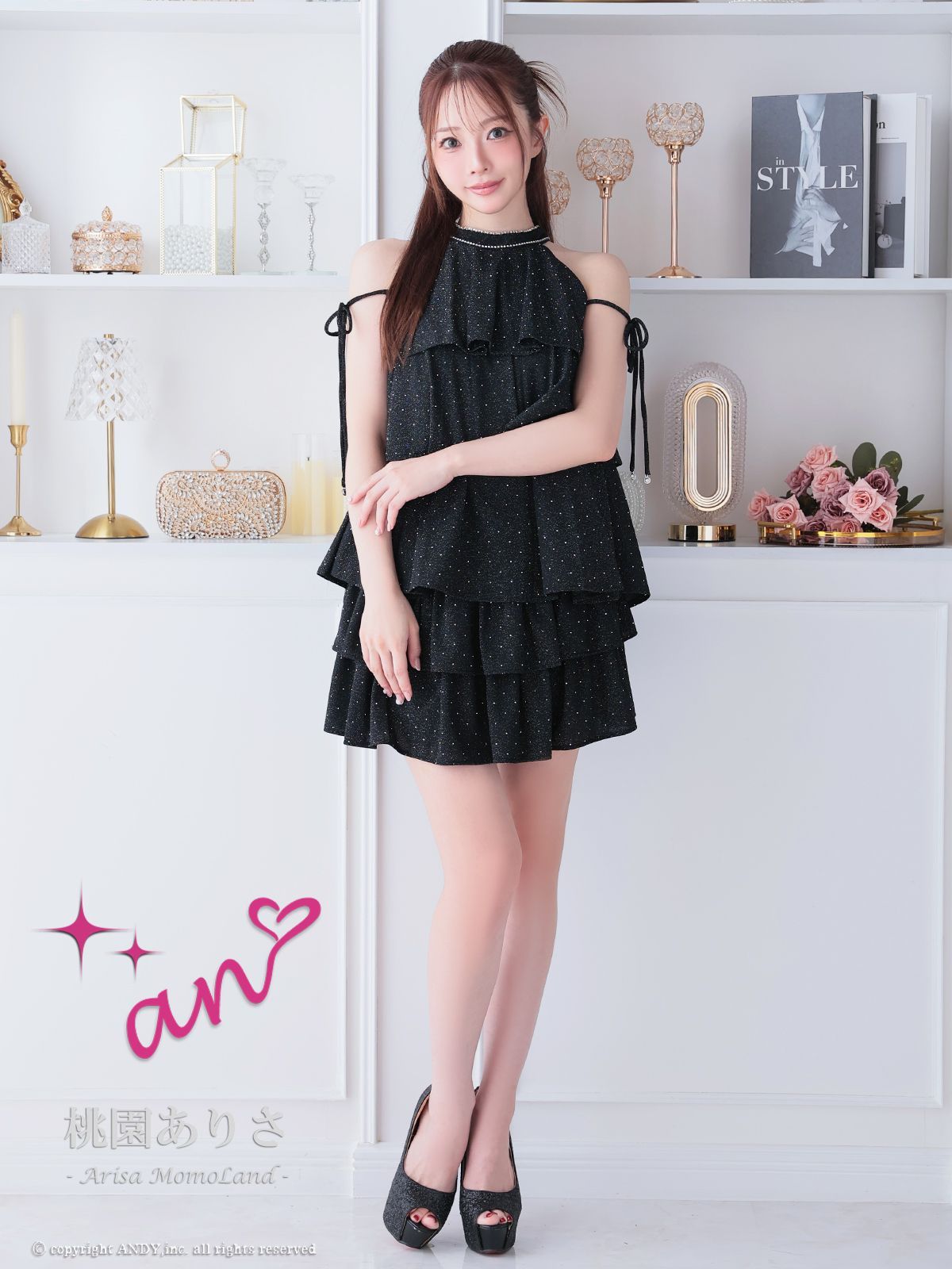 ブラック OF05 AOC4008-W-2511 an アン ストレッチ フ セットアップ ラメ ホルターネック リボン ミニドレス キャバドレス