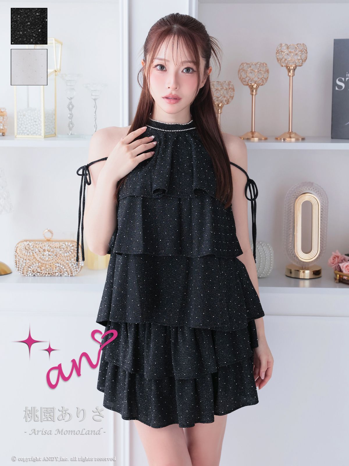 ブラック OF05 AOC4008-W-2511 an アン ストレッチ フ セットアップ ラメ ホルターネック リボン ミニドレス キャバドレス