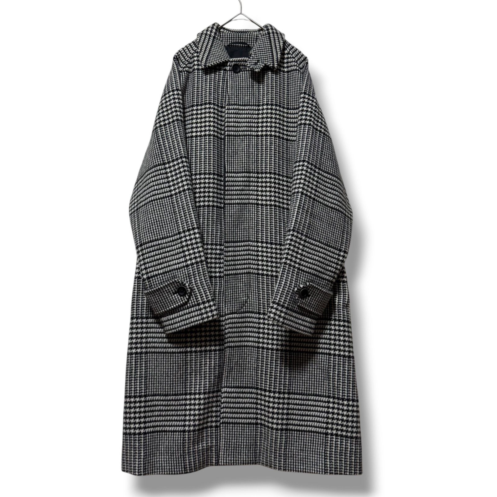 現行タグ HERNO 上質グレンチェック柄ステン コート ウール素材 白黒 ラグランスリーブ L相当 ゴールドプレート