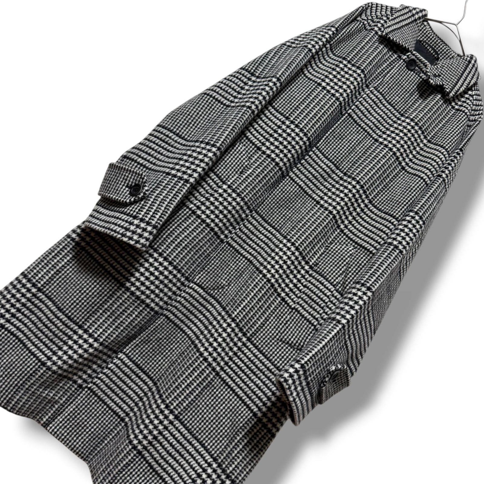 現行タグ HERNO 上質グレンチェック柄ステン コート ウール素材 白黒 ラグランスリーブ L相当 ゴールドプレート