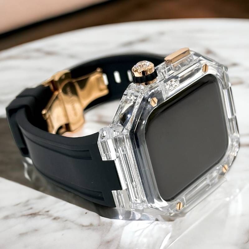 クリア ブラック Apple Watchバンド ラバーベルト アップルウォッチ保護カバー ポリカーボネートケース メンズ レディース 40 mm 41 44 45 46 49 ultra ウルトラ 4スクリュー バタフライバックル付き