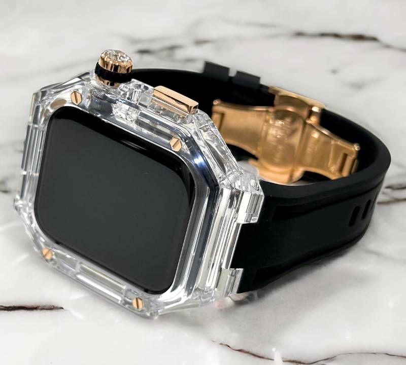 クリア-ブラック Apple Watchバンド ラバーベルト アップルウォッチ保護カバー ポリカーボネートケース メンズ レディース 40mm 41mm 44mm 45mm 46mm 49mm ultra ウルトラ 4スクリュー バタフライバックル付き