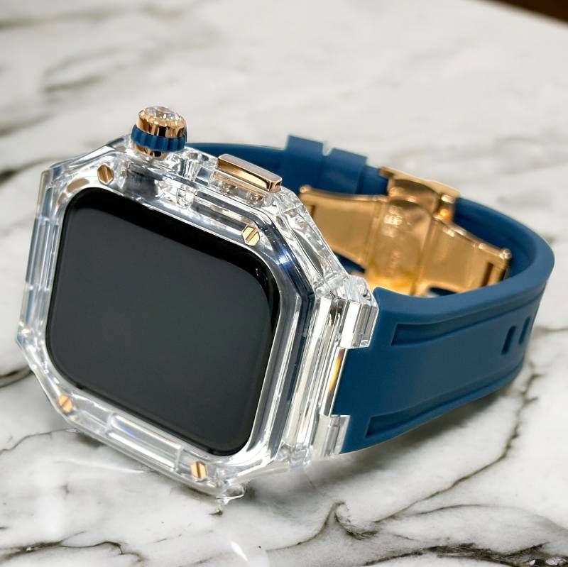 クリア-ネイビー Apple Watchバンド ラバーベルト アップルウォッチ保護カバー ポリカーボネートケース メンズ レディース 40mm 41mm 44mm 45mm 46mm 49mm ultra ウルトラ 4スクリュー バタフライバックル付き