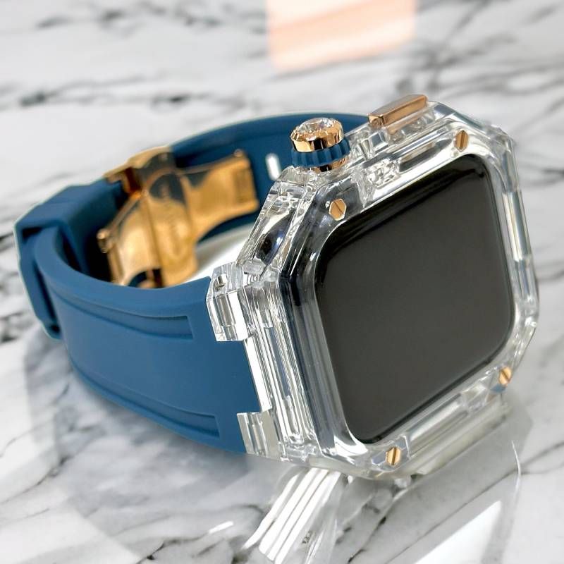 クリア ネイビー Apple Watchバンド ラバーベルト アップルウォッチ保護カバー ポリカーボネートケース メンズ レディース 40 mm 41 44 45 46 49 ultra ウルトラ 4スクリュー バタフライバックル付き