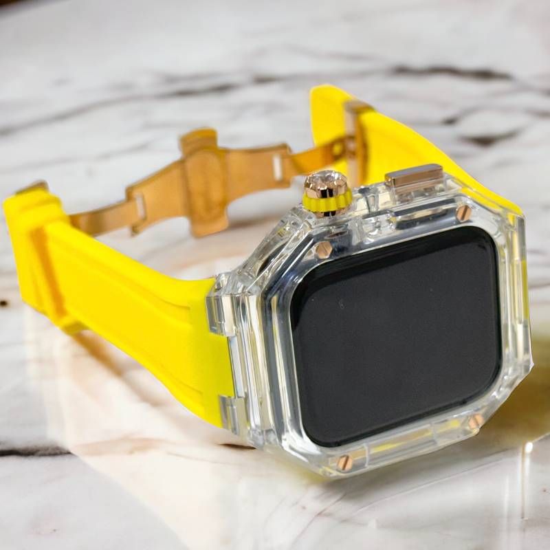 特別価格で大奉仕。 クリア-イエロー Apple Watchバンド ラバーベルト アップルウォッチ保護カバー ポリカーボネートケース メンズ レディース 40mm 41mm 44mm 45mm 46mm 49mm ultra ウルトラ 4スクリュー バタフライバックル付き 業界最高品質。