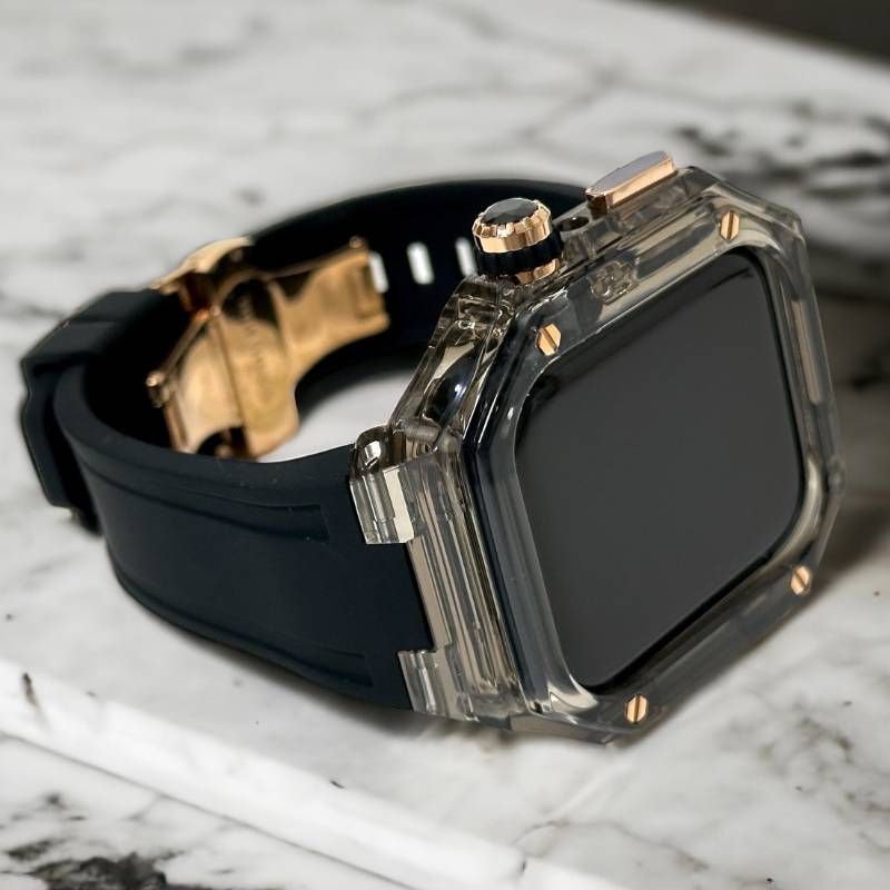 クリアブラック ブラック Apple Watchバンド ラバーベルト アップルウォッチ保護カバー ポリカーボネートケース メンズ レディース 40 mm 41 44 45 46 49 ultra ウルトラ 4スクリュー バタフライバックル付き