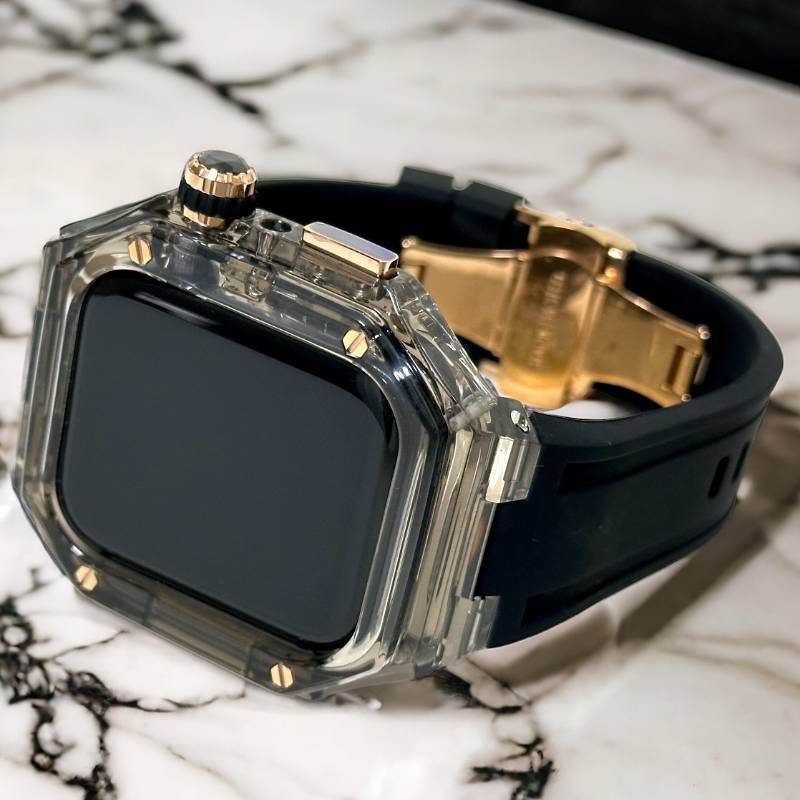 クリアブラック-ブラック Apple Watchバンド ラバーベルト アップルウォッチ保護カバー ポリカーボネートケース メンズ レディース 40 mm 41 44 45 46 49 ultra ウルトラ 4スクリュー バタフライバックル付き