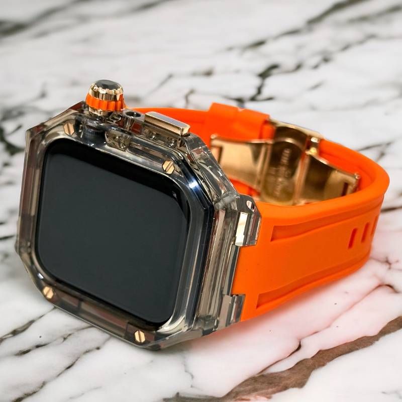 クリアブラック-オレンジ Apple Watchバンド ラバーベルト アップルウォッチ保護カバー ポリカーボネートケース メンズ レディース 40mm 41mm 44mm 45mm 46mm 49mm ultra ウルトラ 4スクリュー バタフライバックル付き