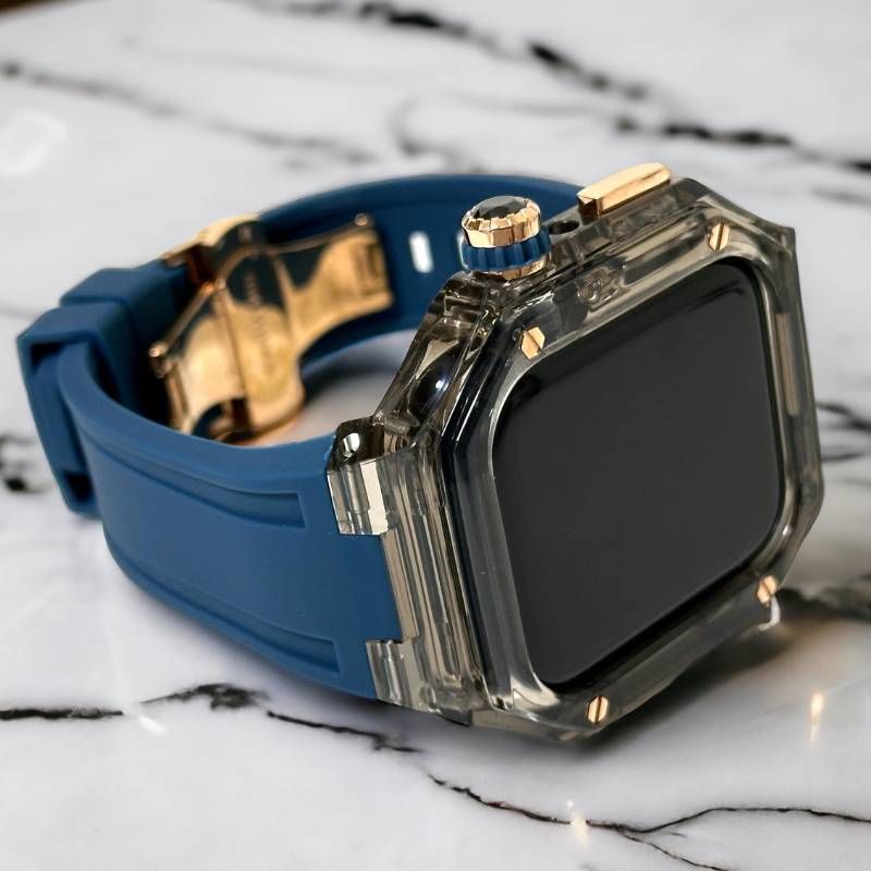 クリアブラック ネイビー Apple Watchバンド ラバーベルト アップルウォッチ保護カバー ポリカーボネートケース メンズ レディース 40 mm 41 44 45 46 49 ultra ウルトラ 4スクリュー バタフライバックル付き