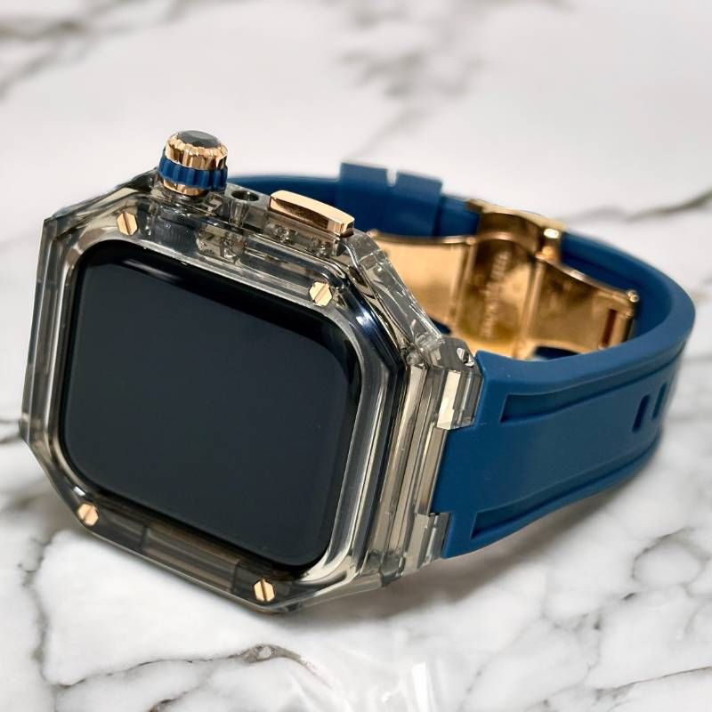 クリアブラック-ネイビー Apple Watchバンド ラバーベルト アップルウォッチ保護カバー ポリカーボネートケース メンズ レディース 40mm 41mm 44mm 45mm 46mm 49mm ultra ウルトラ 4スクリュー バタフライバックル付き