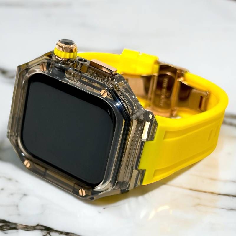 クリアブラック-イエロー Apple Watchバンド ラバーベルト アップルウォッチ保護カバー ポリカーボネートケース メンズ レディース 40mm 41mm 44mm 45mm 46mm 49mm ultra ウルトラ 4スクリュー バタフライバックル付き