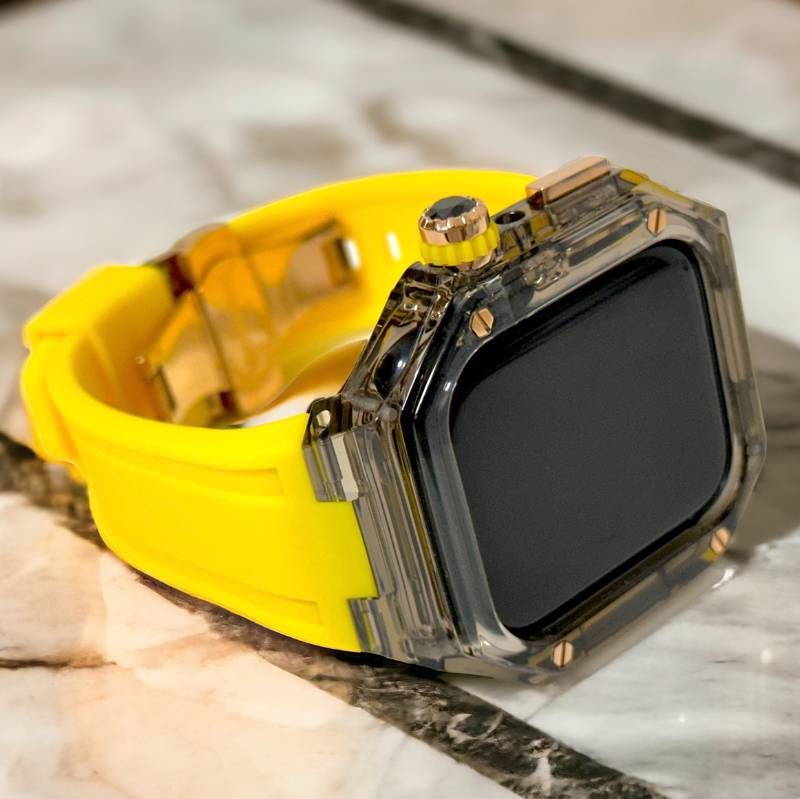 クリアブラック イエロー Apple Watchバンド ラバーベルト アップルウォッチ保護カバー ポリカーボネートケース メンズ レディース 40 mm 41 44 45 46 49 ultra ウルトラ 4スクリュー バタフライバックル付き