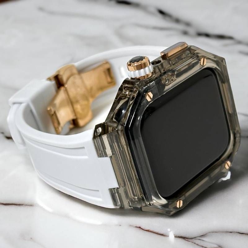 クリアブラック ホワイト Apple Watchバンド ラバーベルト アップルウォッチ保護カバー ポリカーボネートケース メンズ レディース 40 mm 41 44 45 46 49 ultra ウルトラ 4スクリュー バタフライバックル付き