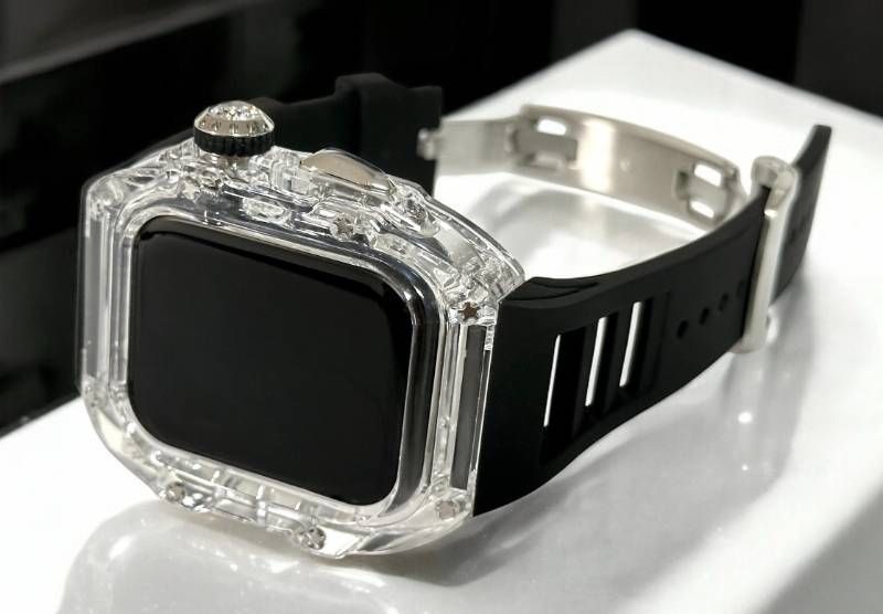 クリアシルバー ブラック アップルウォッチ FKMラバーベルト 保護カバー クリア ケース ポリカーボネート 44 mm 45 Series 4 5 6 7 8 9 se メンズ レディース スポーツ Apple Watchバンド