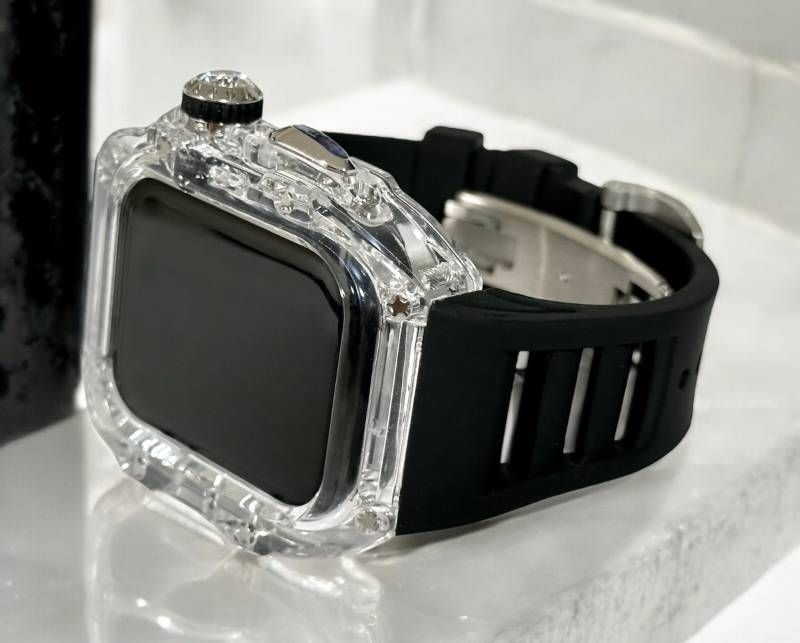 クリアシルバー ブラック アップルウォッチ FKMラバーベルト 保護カバー クリア ケース ポリカーボネート 44 mm 45 Series 4 5 6 7 8 9 se メンズ レディース スポーツ Apple Watchバンド