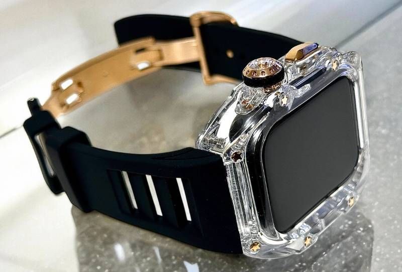  クリアローズゴールド ブラック アップルウォッチ FKMラバーベルト 保護カバー クリア ケース ポリカーボネート 44 mm 45 Series 4 5 6 7 8 9 se メンズ レディース スポーツ Apple Watchバンド バンド ベルト Apple Watchアクセサリー