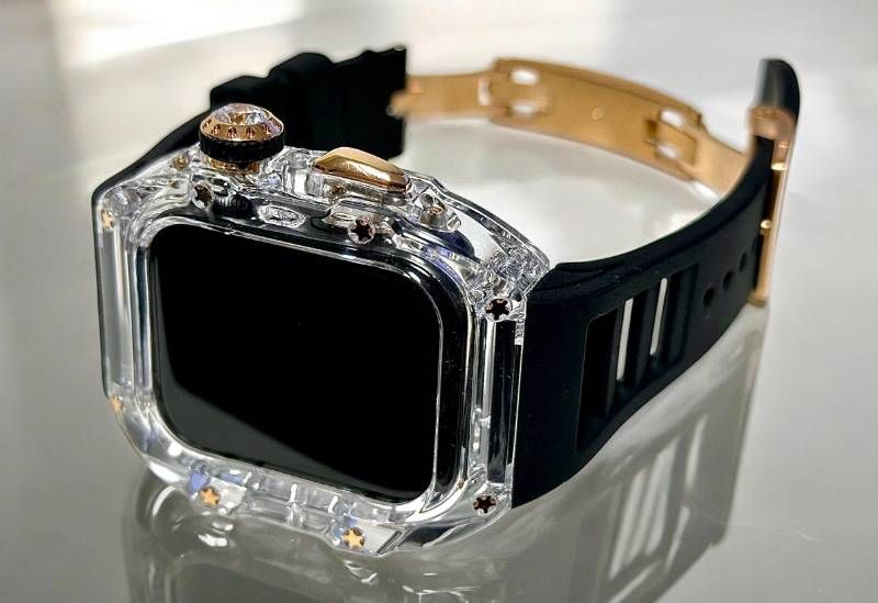 クリアローズゴールド-ブラック アップルウォッチ FKMラバーベルト 保護カバー クリア ケース ポリカーボネート 44 mm 45 Series 4 5 6 7 8 9 se メンズ レディース スポーツ Apple Watchバンド