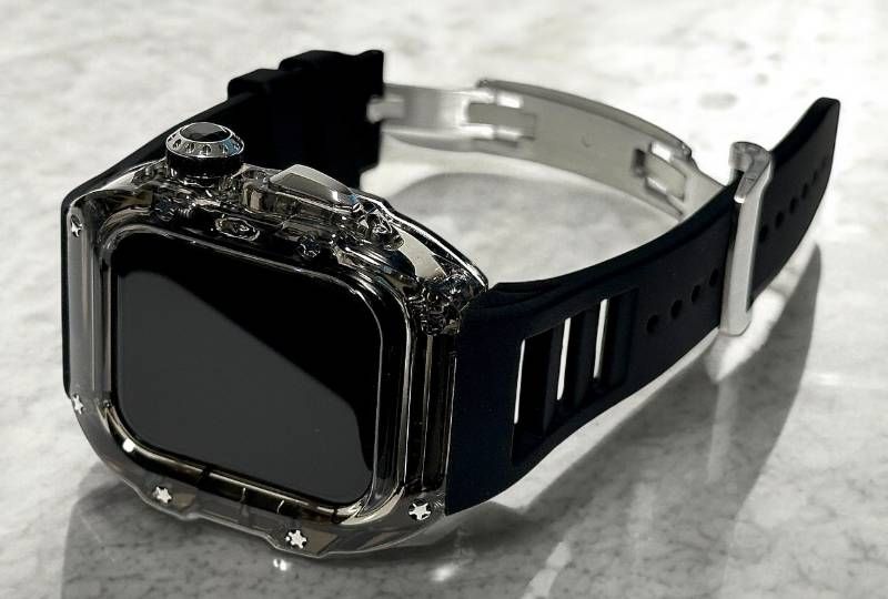 クリアブラックシルバー-ブラック アップルウォッチ FKMラバーベルト 保護カバー クリア ケース ポリカーボネート 44mm 45mm Series 4 5 6 7 8 9 se メンズ レディース スポーツ Apple Watchバンド