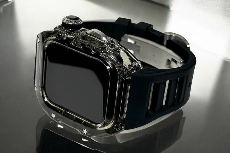 クリアブラックシルバー ブラック アップルウォッチ FKMラバーベルト 保護カバー クリア ケース ポリカーボネート 44 mm 45 Series 4 5 6 7 8 9 se メンズ レディース スポーツ Apple Watchバンド