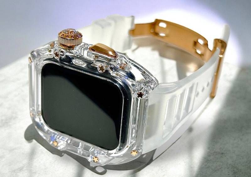 クリア-ローズゴールド アップルウォッチ FKMラバーベルト 保護カバー クリア ケース ポリカーボネート 44mm 45mm Series 4 5 6 7 8 9 se メンズ レディース スポーツ Apple Watchバンド