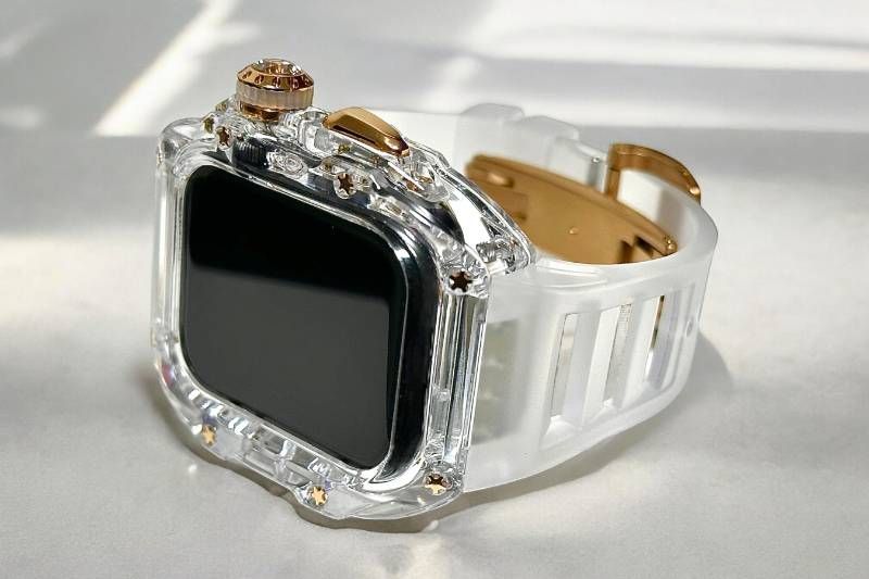 クリア ローズゴールド アップルウォッチ FKMラバーベルト 保護カバー ケース ポリカーボネート 44 mm 45 Series 4 5 6 7 8 9 se メンズ レディース スポーツ Apple Watchバンド