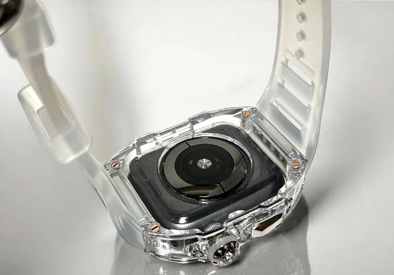  クリア シルバー アップルウォッチ FKMラバーベルト 保護カバー ケース ポリカーボネート 44 mm 45 Series 4 5 6 7 8 9 se メンズ レディース スポーツ Apple Watchバンド バンド ベルト Apple Watchアクセサリー