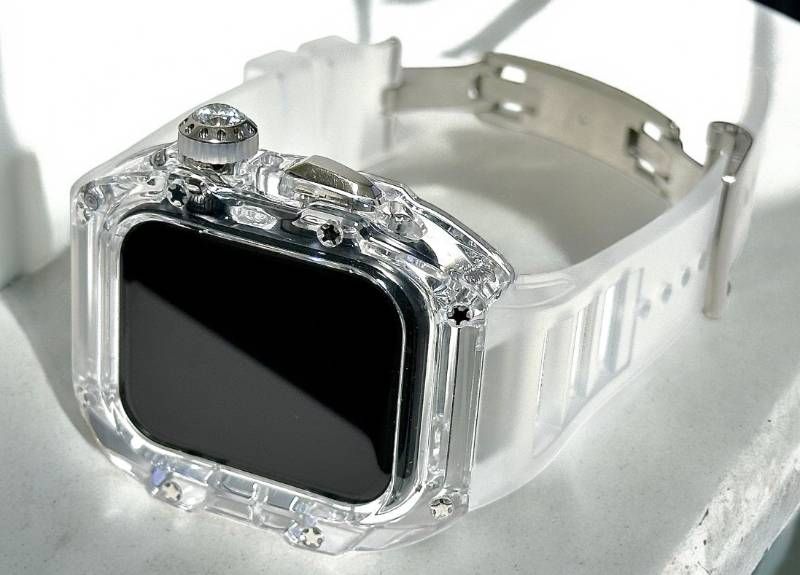 クリア-シルバー アップルウォッチ FKMラバーベルト 保護カバー クリア ケース ポリカーボネート 44mm 45mm Series 4 5 6 7 8 9 se メンズ レディース スポーツ Apple Watchバンド