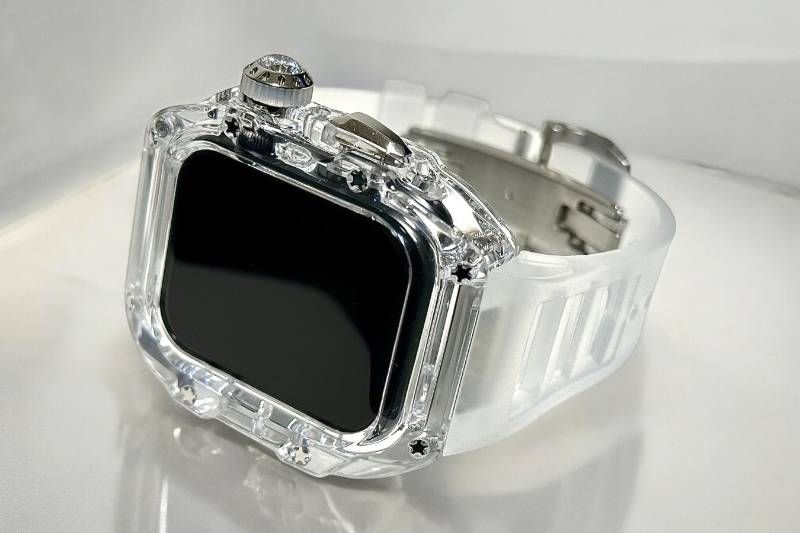 クリア シルバー アップルウォッチ FKMラバーベルト 保護カバー ケース ポリカーボネート 44 mm 45 Series 4 5 6 7 8 9 se メンズ レディース スポーツ Apple Watchバンド