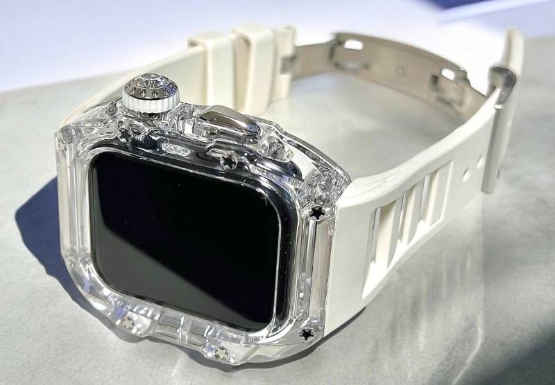 クリアシルバー-ホワイト アップルウォッチ FKMラバーベルト 保護カバー クリア ケース ポリカーボネート 44mm 45mm Series 4 5 6 7 8 9 se メンズ レディース スポーツ Apple Watchバンド