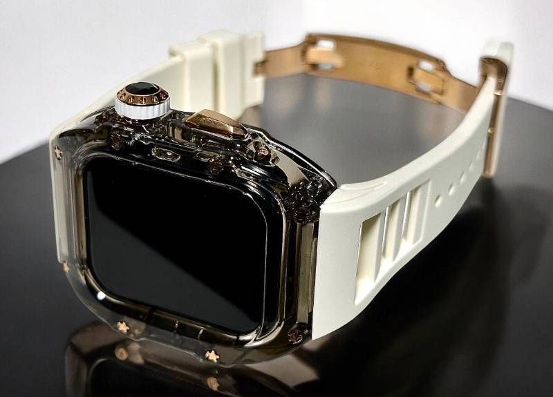 クリアブラック ローズゴールド-ホワイト アップルウォッチ FKMラバーベルト 保護カバー クリア ケース ポリカーボネート 44mm 45mm Series 4 5 6 7 8 9 se メンズ レディース スポーツ Apple Watchバンド