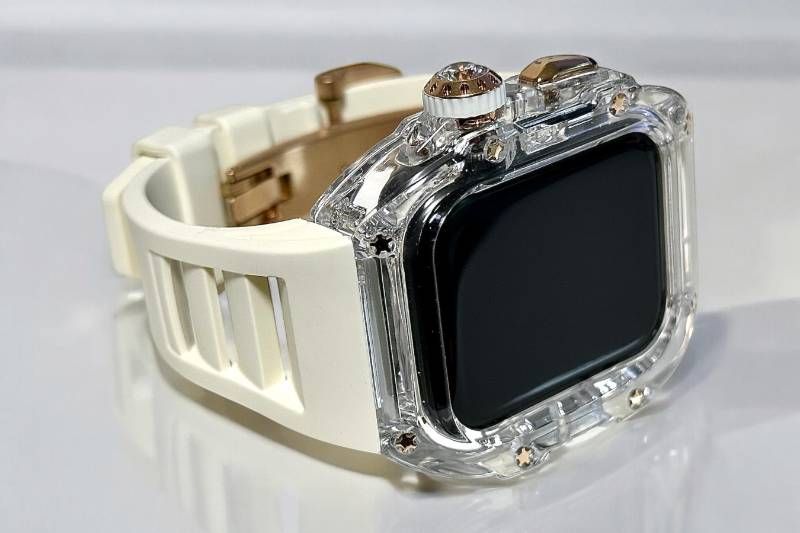 クリア ローズゴールド ホワイト アップルウォッチ FKMラバーベルト 保護カバー ケース ポリカーボネート 44 mm 45 Series 4 5 6 7 8 9 se メンズ レディース スポーツ Apple Watchバンド