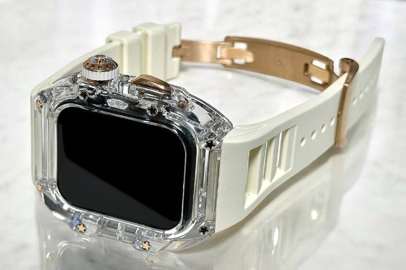クリア ローズゴールド-ホワイト アップルウォッチ FKMラバーベルト 保護カバー クリア ケース ポリカーボネート 44mm 45mm Series 4 5 6 7 8 9 se メンズ レディース スポーツ Apple Watchバンド