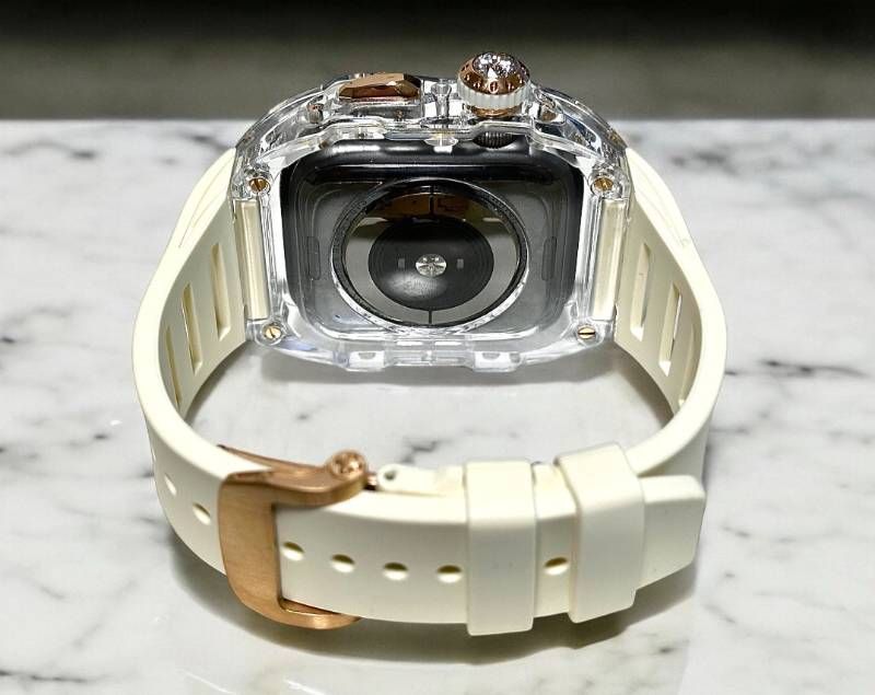  クリア ローズゴールド ホワイト アップルウォッチ FKMラバーベルト 保護カバー ケース ポリカーボネート 44 mm 45 Series 4 5 6 7 8 9 se メンズ レディース スポーツ Apple Watchバンド バンド ベルト Apple Watchアクセサリー