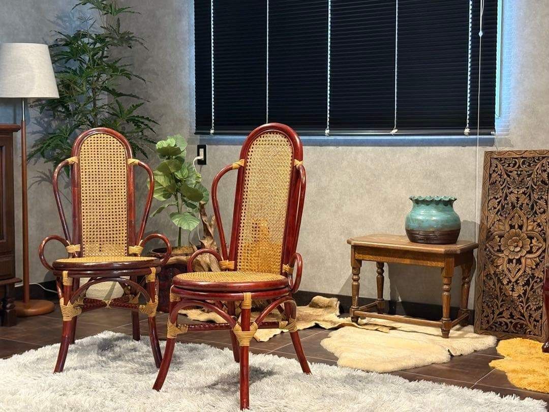 ヴィンテージ　ラタン　籐　ハイバックチェア　カゴメ編み　クラシック　2脚　RZ ヴィンテージ ラタン 籐 ハイバックチェア カゴメ編み クラシック 2脚