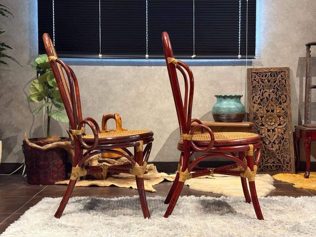 ヴィンテージ　ラタン　籐　ハイバックチェア　カゴメ編み　クラシック　2脚　RZ ヴィンテージ ラタン 籐 ハイバックチェア カゴメ編み クラシック 2脚