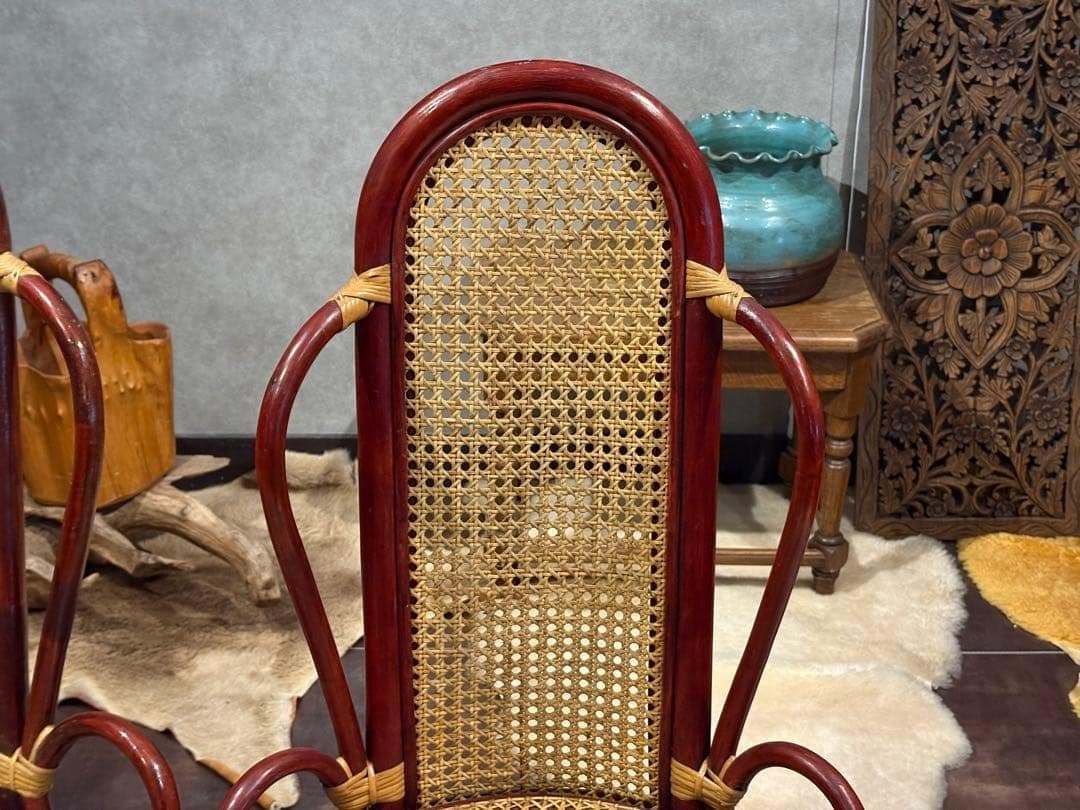 ヴィンテージ　ラタン　籐　ハイバックチェア　カゴメ編み　クラシック　2脚　RZ ヴィンテージ ラタン 籐 ハイバックチェア カゴメ編み クラシック 2脚