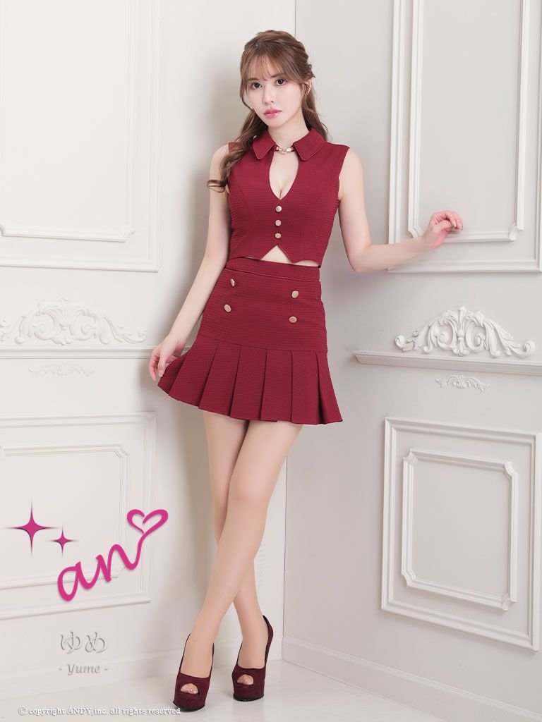 バーガンディ OF05 AOC3587-Burgundy-2311 an ANDY Fashion Press 16 COLLECTION 04 セットアップ ボタン ワン ノースリーブ フ バックル ミニドレス キャバドレス