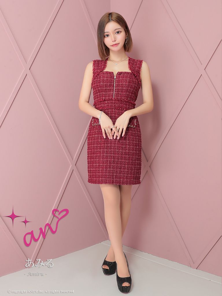 バーガンディ OF05 AOC3733-BGD-2408 an アン ツイード フロントジップ チェーン ノースリーブ ポケットデザイン タイト ミニドレス キャバドレス