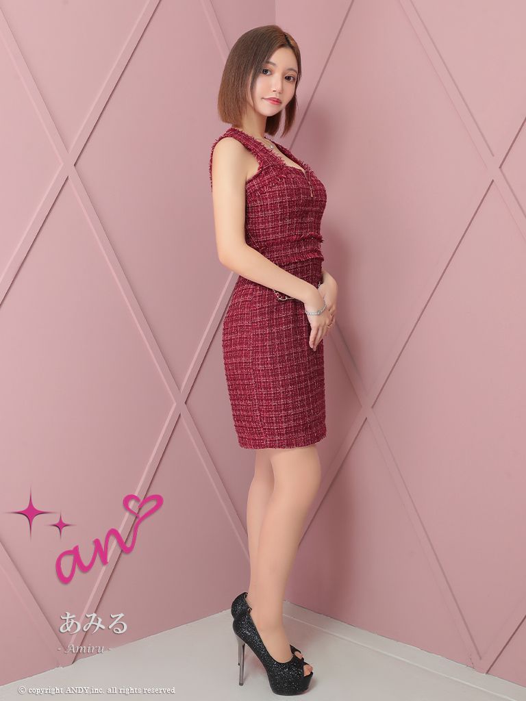 【80％以上割引】 バーガンディ OF05 AOC3733-BGD-2408 an アン ツイード フロントジップ チェーン ノースリーブ ポケットデザイン タイト ミニドレス キャバドレス