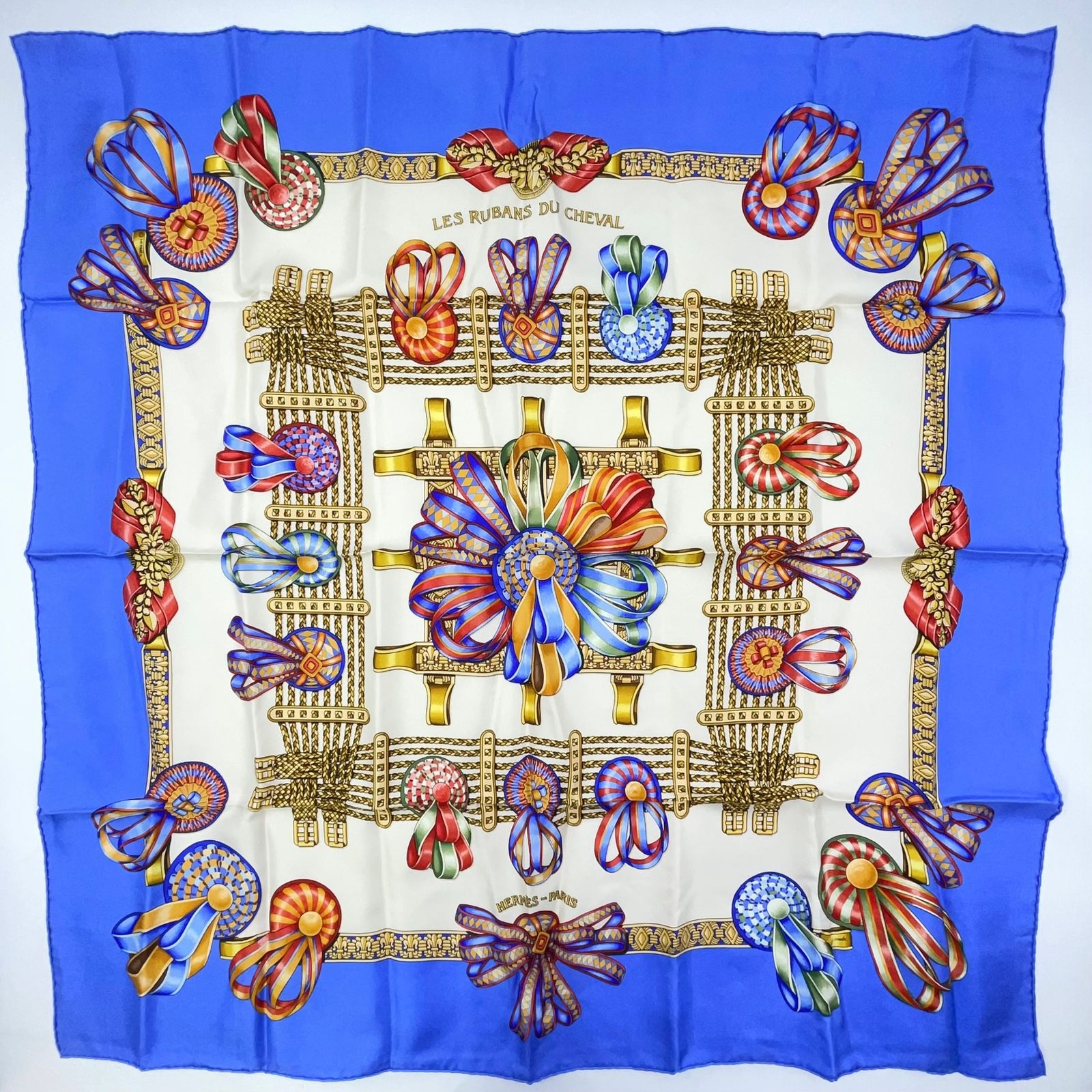 HERMES カレ90 LES RUBANS DU CHEVAL シルク ブルー スカーフ