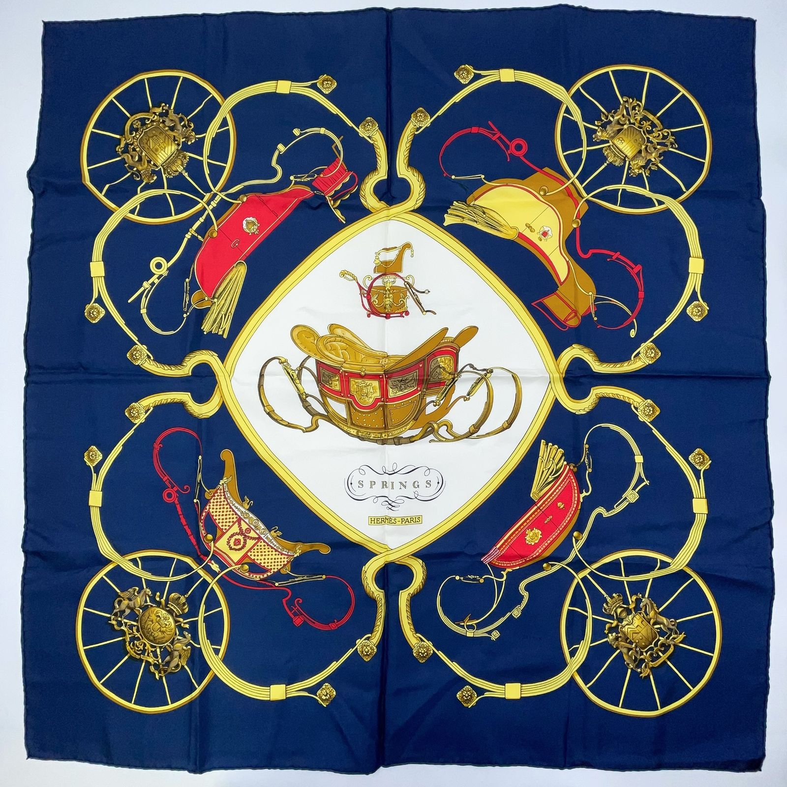HERMES カレ90 SPRINGS シルク ネイビー スカーフ