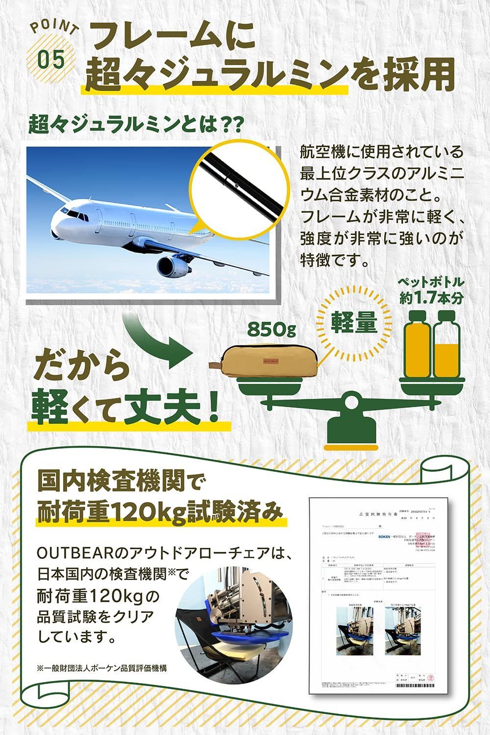 キャンプ 検査機関で耐荷重120kg試験済み