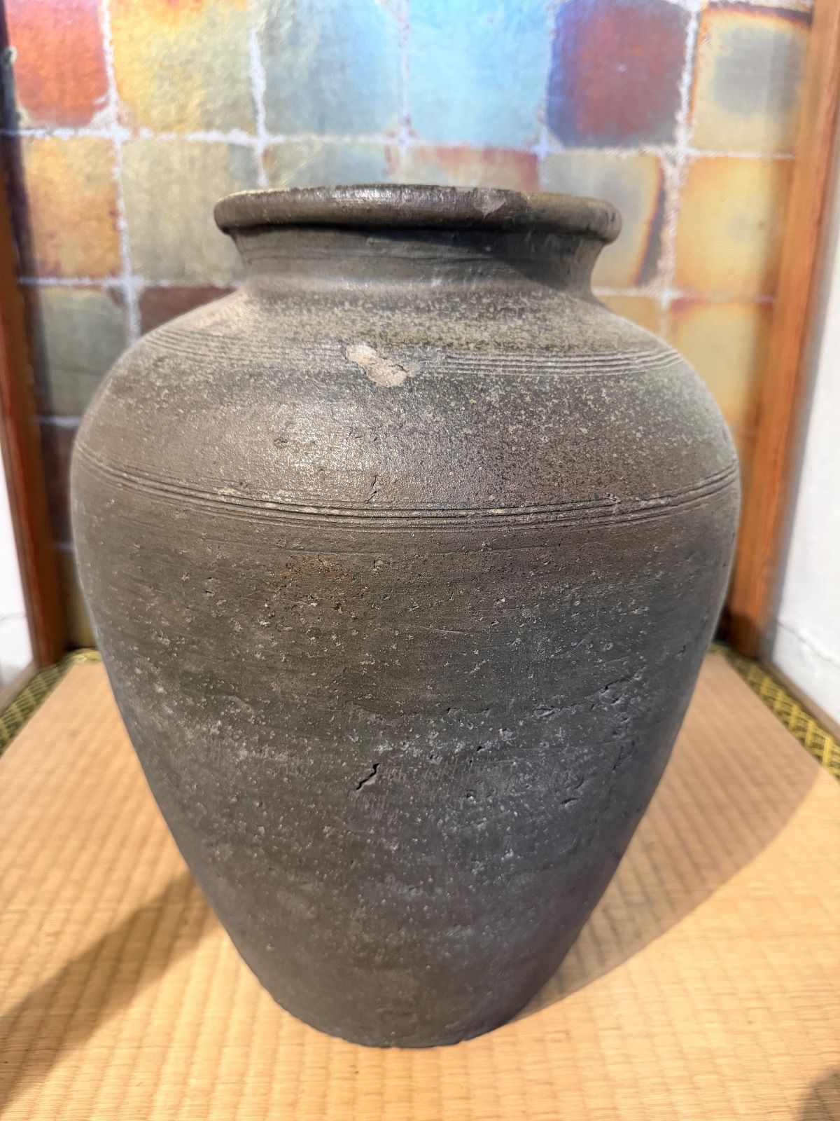 鎌倉末〜室町時代 古備前直線文胡麻釉壺 備前焼 古美術 骨董品 六古窯