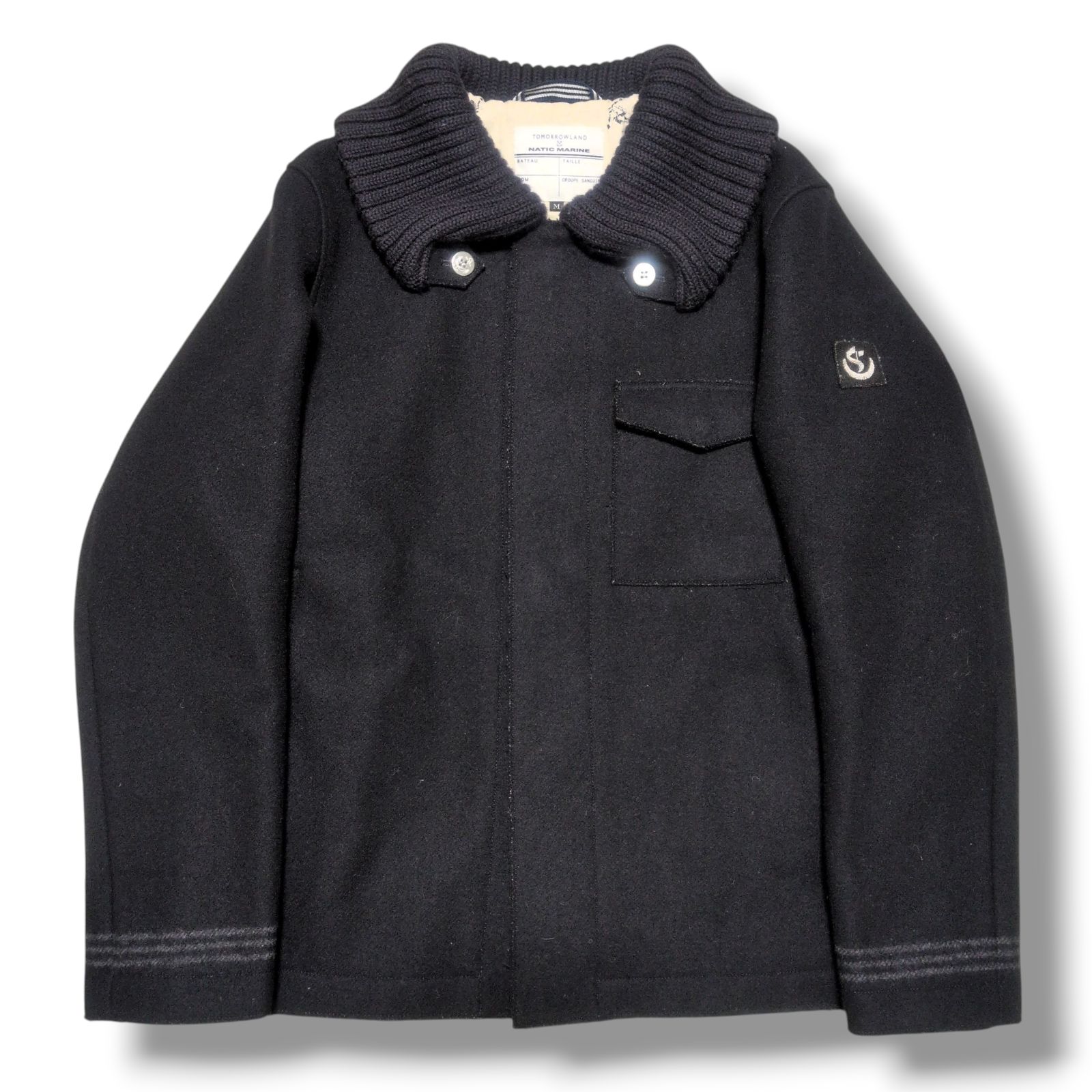 TOMORROWLAND トゥモローランド × NATIC MARINE ナティックマリン ウールメルトンジャケット M 裏地総柄 ニット襟 別注モデル ミリタリー ショートコート ブラック 黒 メンズ