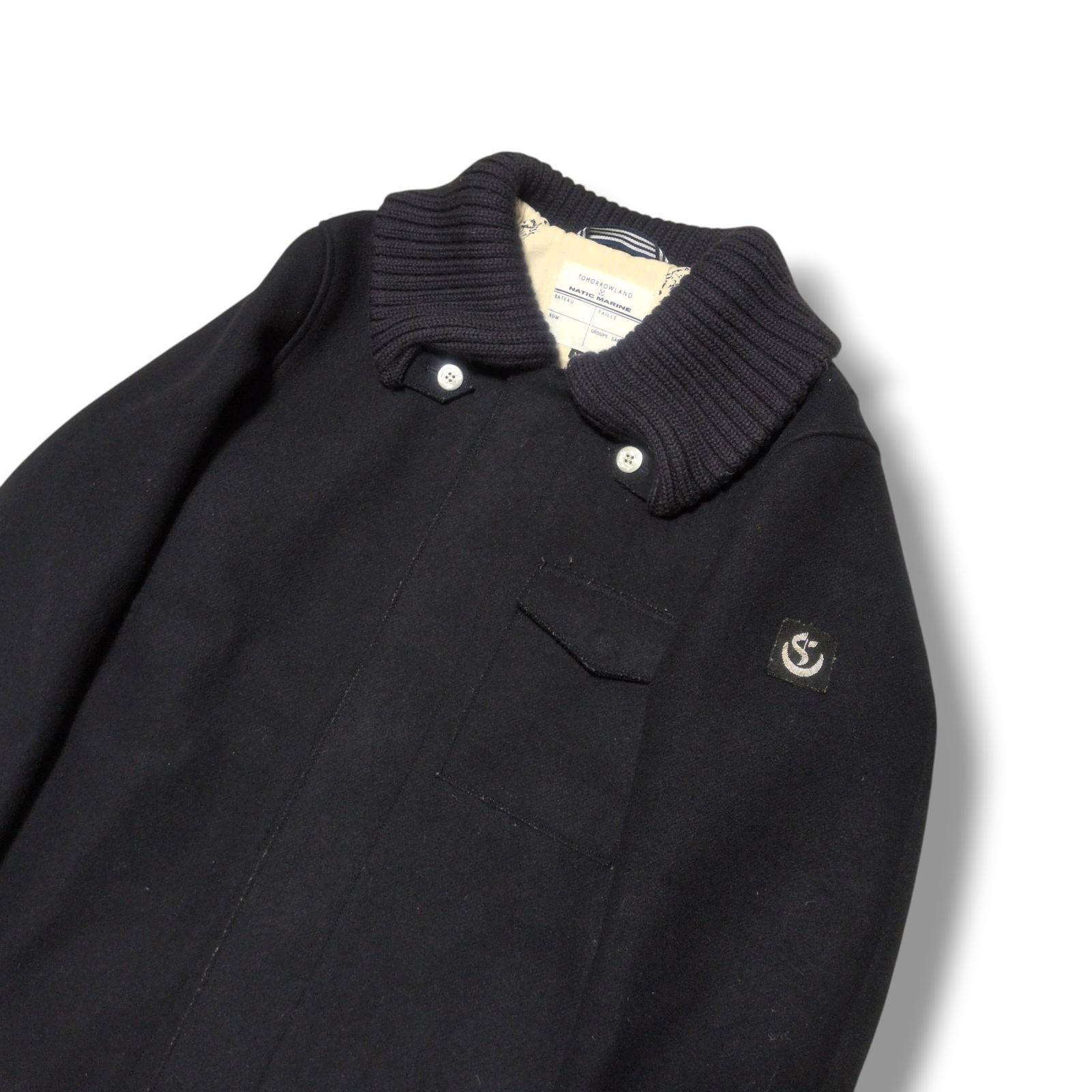 TOMORROWLAND トゥモローランド × NATIC MARINE ナティックマリン ウールメルトンジャケット M 裏地総柄 ニット襟 別注モデル ミリタリー ショートコート ブラック 黒 メンズ