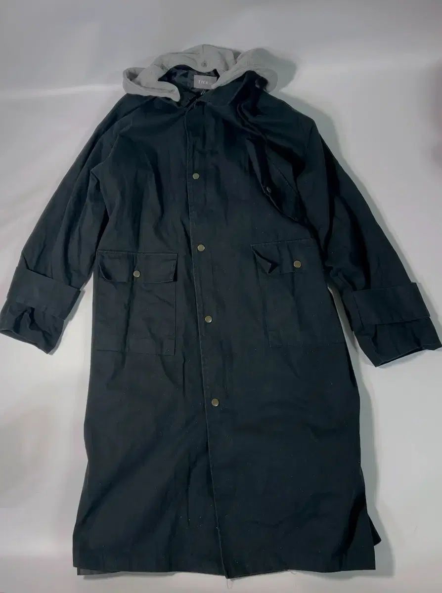 TTER ユニセックス オーバーサイズ コットン WHO フード ロング コート ブラック